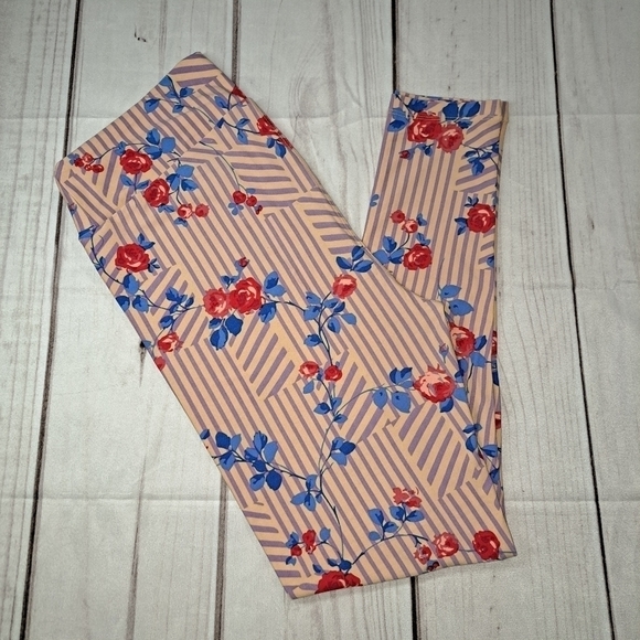 Lularoe Tall & Curvy Leggings Floral Stripe - Picture 1 of 8